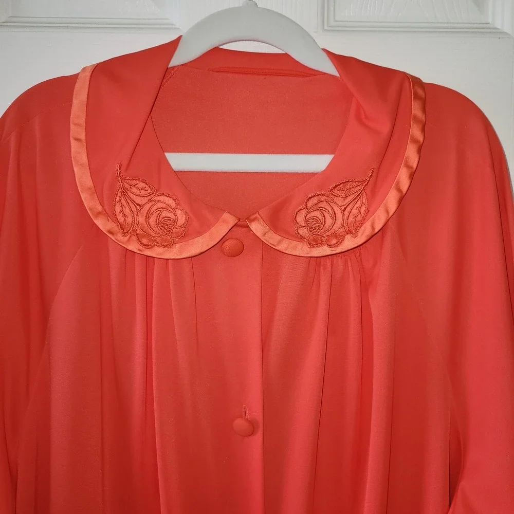 Nylon Robe Satin Trim‎ M Orange 3/4 Sleeve Gossard Artemis Button Front Vintage